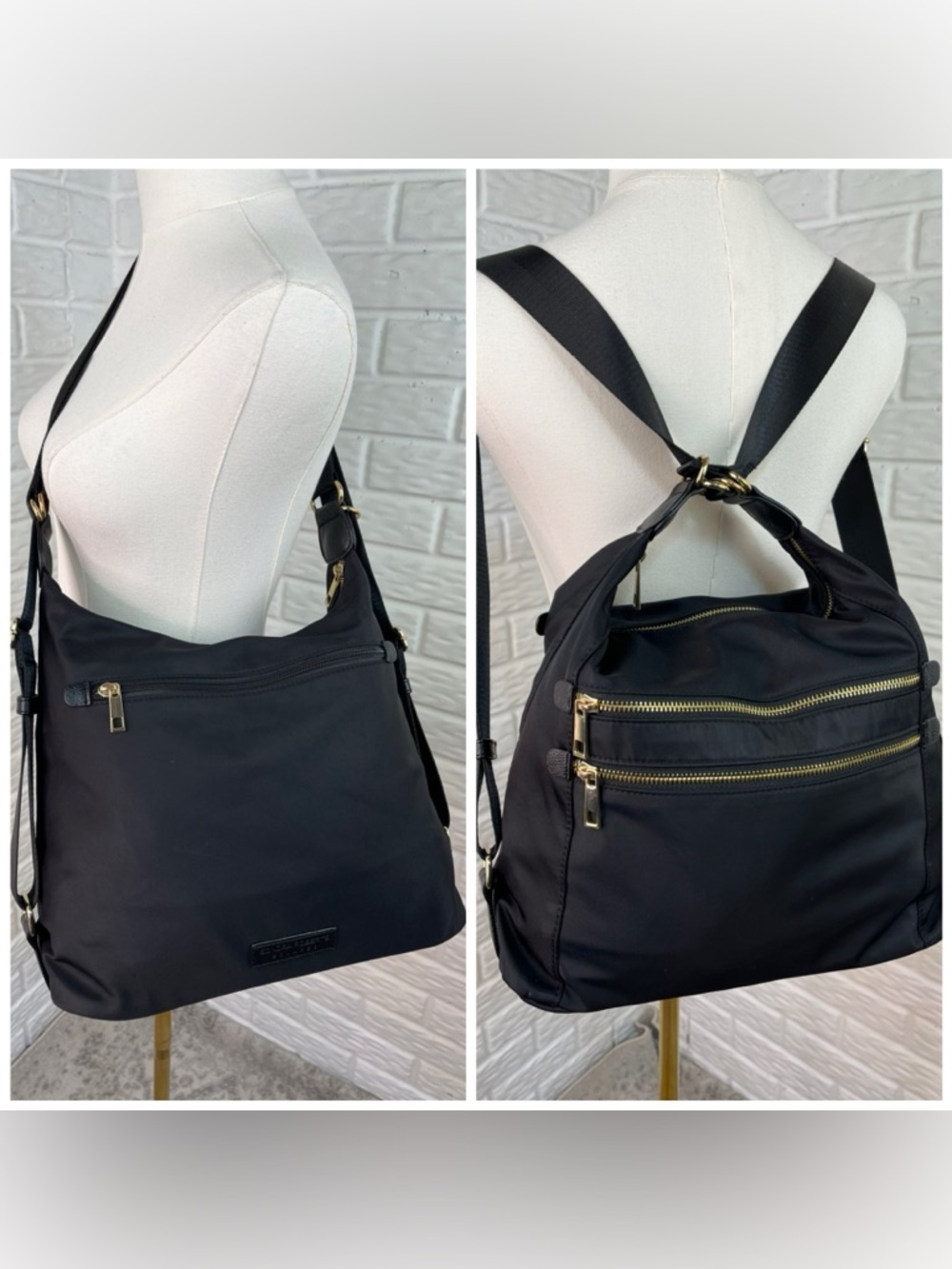 SONDRA ROBERTS CONVERTIBLE SHOULDER CROSSBODY BACKPACK BLACK NYLON GOLD
